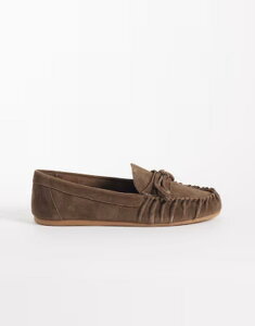 �}���S ���f�B�[�X �V���[�Y �X���b�|���E���[�t�@�[ �M���U�[ �X�G�[�h Mango 100% suede loafers with ruchedetail in chocolate TAN �^��