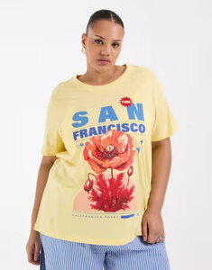 �I�����[�J�[�u ���f�B�[�X �g�b�v�X T�V���c �v�����g ONLY Curve San Francisco print-shirt in pastel yellow Sunlight �C�G���[