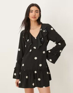 �E�F���Y�f�[�K�[�� ���f�B�[�X �g�b�v�X �����s�[�X �e�B�A�[�h�b�g �~�j Wednesday's Girl tiered floaty mini dress polka dots Black �u���b�N
