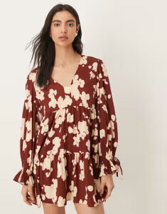�E�F���Y�f�[�K�[�� ���f�B�[�X �g�b�v�X �����s�[�X �v�����g �~�j Wednesday's Girl floaty mini dressmudge print BROWN �u���E��