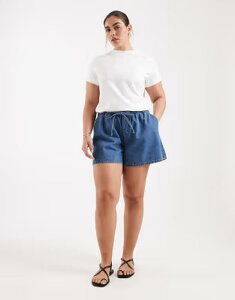 �G�C�\�X ���f�B�[�X �{�g���X �n�[�t�p���c�E�V���[�c �V���[�g�p���c �f�j�� ASOS Curve ASOS DESIGN Curve denim pull-on shorts in mid BLUE �u���[