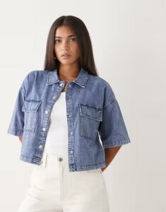 �m�C�W�[���C ���f�B�[�X �g�b�v�X �V���c �f�j�� Noisy May short sleeve boxy denim shirt in washed Medium blue denim �f�j��