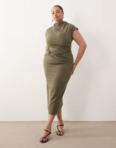 �G�C�\�X ���f�B�[�X �g�b�v�X �����s�[�X �~�f�B �L���b�v ASOS Curve cap sleeve wrap trimidi dress Khaki �J�[�L