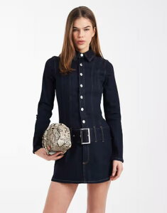 �G�C�\�X ���f�B�[�X �g�b�v�X �����s�[�X �~�j �f�j�� ASOS DESIGN denim drop waist belt detail mini dress indigo BROWN �u���E��