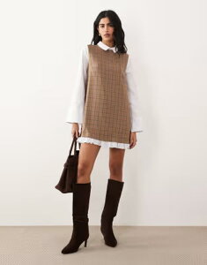 �G�C�\�X ���f�B�[�X �g�b�v�X �����s�[�X �v�����g �~�j �V���c �R���g���X�g ASOS DESIGN mini shirt dress in plaid print with contrast frill hem BROWN �u���E��