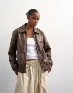 �g�b�v�V���b�v ���f�B�[�X �A�E�^�[ �W���P�b�g�E�u���]�� ���U�[ Topshop leather look center front zip up jacket brown �u���E��