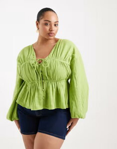 �G�C�\�X ���f�B�[�X �g�b�v�X �V���c ASOS Curve ASOS DESIGN Curve long sleeve smock top with button front Green �O���[��