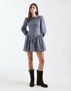 �f�C�W�[�X�g���[�g ���f�B�[�X �g�b�v�X �����s�[�X �~�j Daisy Street drop waist fitted mini dress with statement collar plaid Blue check �u���[