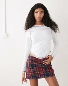 �R���[�W���� ���f�B�[�X �g�b�v�X T�V���c �R���g���X�g COLLUSION Long sleeve Contrastitch curve hem top in light BLUE �u���[