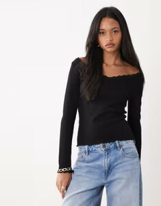 �~�X�Z���t�t���b�W ���f�B�[�X �g�b�v�X �V���c V�l�b�N ���[�X Misselfridge long sleeve v-neck top with lace neckline Black �u���b�N