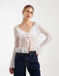 �~�X�Z���t�t���b�W ���f�B�[�X �g�b�v�X �V���c �t���� ���[�X Misselfridge ruffle tie frontop in cream lace CREAM �N���[��