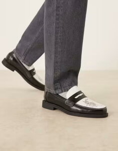 �G�C�\�X �����Y �V���[�Y �X���b�|���E���[�t�@�[ �O���t�B�b�N ASOS DESIGN two tone penny loafers with tiger graphic BLACK & WHITE �z���C�g