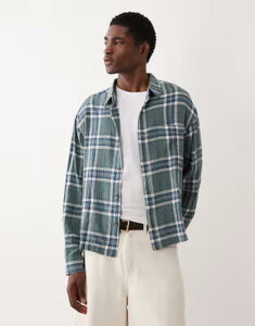 �G�C�\�X �����Y �g�b�v�X �V���c ASOS DESIGN boxy oversized textured plaid shirt in dark GREEN �O���[��