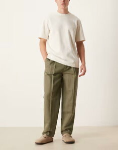 �G�C�\�X �����Y �{�g���X �J�W���A���p���c ���l�� ASOS DESIGN linen rich oversized taperedress pants in olive GREEN �O���[��