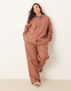 �G�C�\�X ���f�B�[�X �{�g���X �J�W���A���p���c ���l�� ASOS Curve ASOS DESIGN Curve linen look pull on pants in mocha - part of a set Mocha ���J