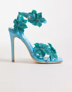 �A�U���A ���� ���f�B�[�X �V���[�Y �T���_�� �q�[�� Azalea Wang Romi higheel sandals with embellished flowers in aquamarine AQUA �A�N�A