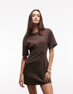 �����L ���f�B�[�X �g�b�v�X �����s�[�X �E�G�X�g�}�[�N �~�j T�V���c Monki cinched waist-shirt mini dress in chocolate Brown �u���E��