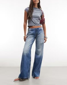 �����L ���f�B�[�X �{�g���X �f�j���p���c ���C�h���b�O �W�[���Y Monki Paz wide leg jeans without waistband in denim Blue �f�j��