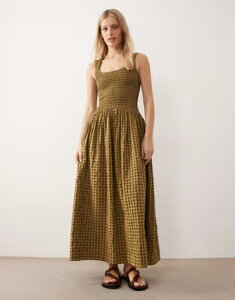 �G�C�\�X ���f�B�[�X �g�b�v�X �����s�[�X �M���K���`�F�b�N �M���K�� ASOS DESIGN crinkle scoop neck midaxi sundress with shirred waist in tonal olive gingham Tonal Olive Gingham �I���[�u