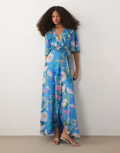 �z�[�v���A�C�r�[ ���f�B�[�X �g�b�v�X �����s�[�X �t�����[�� �}�L�V �t�����[ Hope & Ivy flutter sleeve maxi wrap dress with tie waist floral Blue floral �u���[