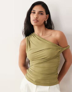 �G�C�\�X ���f�B�[�X �g�b�v�X �V���c �h���[�v �M���U�[ ASOS DESIGN polyamide ruched twist side cut away draped top Khaki �J�[�L