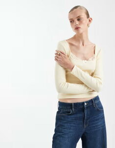 �~�X�Z���t�t���b�W ���f�B�[�X �g�b�v�X �V���c ���u�j�b�g ���[�X �j�b�g Misselfridge long sleeve rib knitop with lace detailing in buttermilk