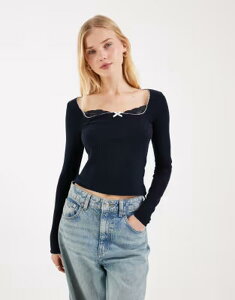 �~�X�Z���t�t���b�W ���f�B�[�X �g�b�v�X �V���c ���u�j�b�g ���[�X �j�b�g Misselfridge long sleeve rib knitop with lace detailing NAVY �l�C�r�[