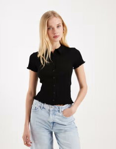�~�X�Z���t�t���b�W ���f�B�[�X �g�b�v�X �V���c Misselfridge fitted shirt with lettucedges Black �u���b�N