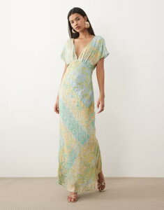 �l�o�[�t���[�h���X�h ���f�B�[�X �g�b�v�X �����s�[�X V�l�b�N �v�����g �}�L�V Never Fully Dressed v neck bias maxi dress gold print BLUE �u���[