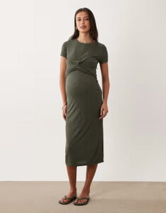 �}�}���C�V�A�X ���f�B�[�X �g�b�v�X �����s�[�X �~�f�B �}�^�j�e�B Mama.licious Mamalicious maternity short sleeve knot front midi dress with nursing function in darkalamata melange �J�[�L