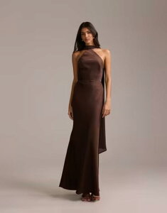 �G�C�\�X ���f�B�[�X �g�b�v�X �����s�[�X �T�e�� �}�L�V �z���^�[ ASOS DESIGN bridesmaids halter neck satin maxi dress with scarf detail in chocolate �`���R���[�g