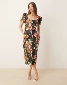 �z�[�v���A�C�r�[ ���f�B�[�X �g�b�v�X �����s�[�X �t�����[�� �~�f�B �t�����[ Hope & Ivy stretch square neck belted midi dress floral Black multi �u���b�N