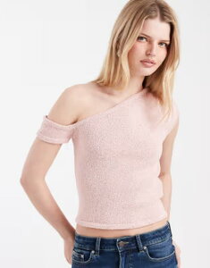 �R�b�g���I�� ���f�B�[�X �g�b�v�X �V���c �A�V�����g���[ �j�b�g Cotton textured asymmetric necknitop in pale pink sparkle Pale pink �s���N