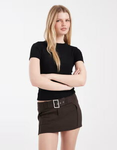 �R�b�g���I�� ���f�B�[�X �{�g���X�J�[�g �~�j Cotton stretch belted micro mini skirt in dark oak DARK OAK