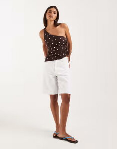 �R�b�g���I�� ���f�B�[�X �g�b�v�X �V���c �A�V�����g���[ �h�b�g ���l�� Cotton linen asymmetric shoulders top in dark oak polka dots DARK OAK POLKA DOTS