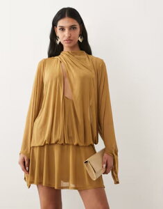 �G�C�\�X ���f�B�[�X �g�b�v�X �����s�[�X �h���[�v �~�j ASOS DESIGN draped slash front mini dress with blouson sleeves in olive Green �O���[��