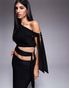 �t�@�b�V�����L�� ���f�B�[�X �g�b�v�X �V���c Fashionkilla double sculpted slinky metal trim tie sidetail top - part of a set Black �u���b�N