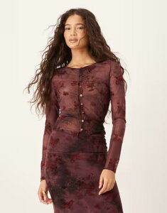 �L�X�U�X�J�C ���f�B�[�X �g�b�v�X �V���c ���[�X Kiss The Sky long sleeve button up laced top in cherry lacquer - part of a set Burgundy �o�[�K���f�B
