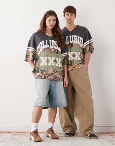 �R���[�W���� ���f�B�[�X �g�b�v�X T�V���c �W���[�W�[ COLLUSION Unisex camo sports oversized jersey Khaki �J�[�L