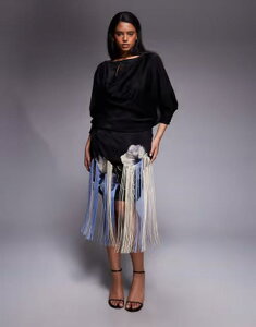 �G�C�\�X ���f�B�[�X �g�b�v�X �����s�[�X �~�j �T�e�� �h�J ASOS Curve ASOS DESIGN Curve satin embroidered mini dress with fringing Black �u���b�N