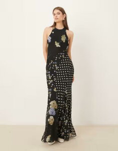 �G�C�\�X ���f�B�[�X �g�b�v�X �����s�[�X �t�����[�� �v�����g �}�L�V �t�����[ ASOS DESIGN racer neck bias maxi dress with godet hem in mixed floral spot print Floral spot print