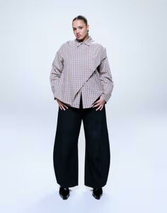 �G�C�\�X ���f�B�[�X �g�b�v�X �V���c ASOS DESIGN Curve wrap scarf detail oversized shirt in plaid BROWN PLAID �u���E��