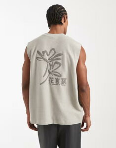 �G�C�\�X �����Y �g�b�v�X �x�X�g �N���[�v�����g ASOS DESIGN super heavyweight oversized tank top with back puff print in stone boucl crepe texture London fog �X�g�[��