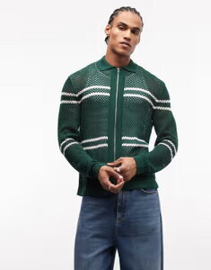 �G�C�\�X �����Y �A�E�^�[ �J�[�f�B�K�� �j�b�g ASOS DESIGN relaxed knit airtex zip up striped cardigan in dark GREEN �O���[��