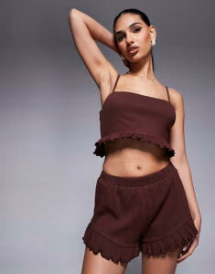 �G�C�\�X ���f�B�[�X �g�b�v�X �V���c ASOS DESIGN crinkle frill hem crop top - part of a set Chocolate �`���R���[�g