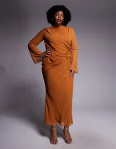 �G�C�\�X ���f�B�[�X �g�b�v�X �����s�[�X �V�t�H�� �h�J �}�L�V ASOS Curve ASOS DESIGN Curve chiffon maxi dress with 3D embroidered flower hip detail in orange BROWN �u���E��