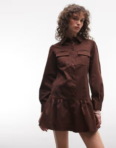 ���N���C�� ���B���e�[�W ���f�B�[�X �g�b�v�X �����s�[�X �~�j �V���c �R�b�g�� Reclaimed Vintage cotton twill utility mini shirt dress Dark Beige �x�[�W��