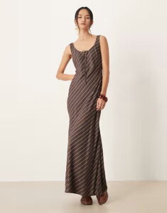 �G�C�\�X ���f�B�[�X �g�b�v�X �����s�[�X �~�f�B ASOS DESIGN scoop neck tie front midi dress in dark based chocolate stripe Chocolate Stripe �`���R���[�g