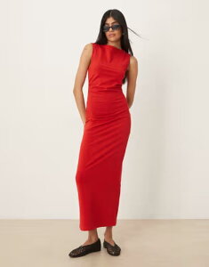 �G�C�\�X ���f�B�[�X �g�b�v�X �����s�[�X �M���U�[ �~�f�B ASOS DESIGN ruched side midi dress with slash neck RED ���b�h