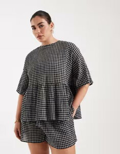 �G�C�\�X ���f�B�[�X �g�b�v�X �V���c ASOS Curve ASOS DESIGN Curve oversized short sleeve peplum top in check �`�F�b�N